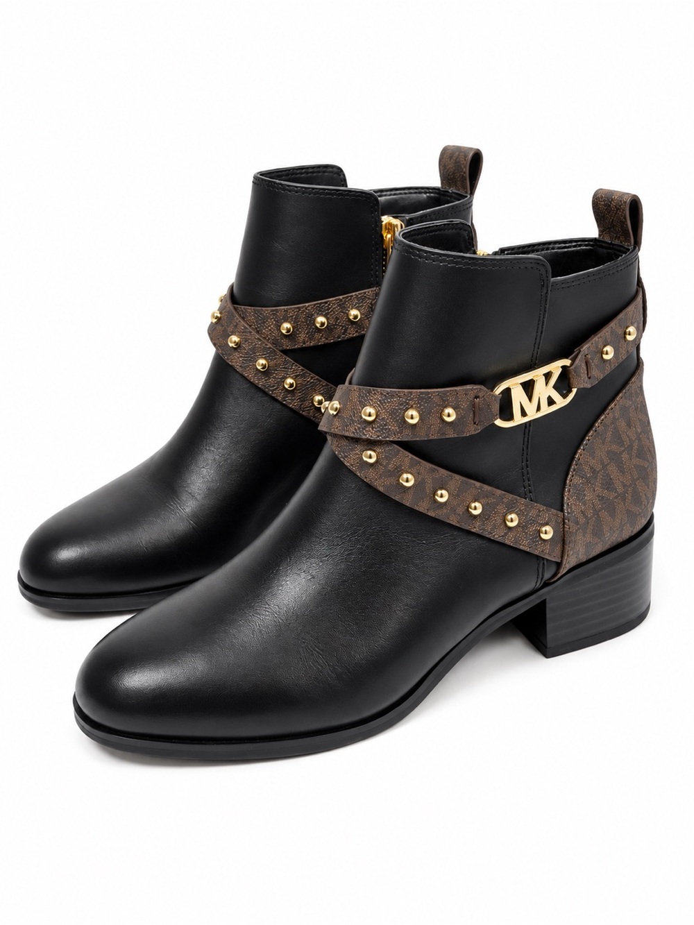 Michael Kors Kincaid Leather Studded Logo Ankle Boots Black Brown 8M Booties